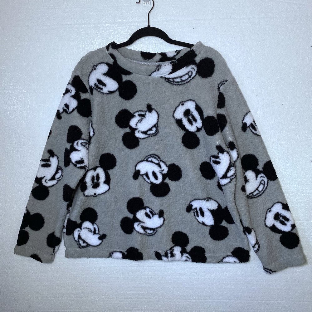 Mickey Mouse Disney Womens Sz XL Gray Sherpa Pullover Sweater Fleece Loungewear